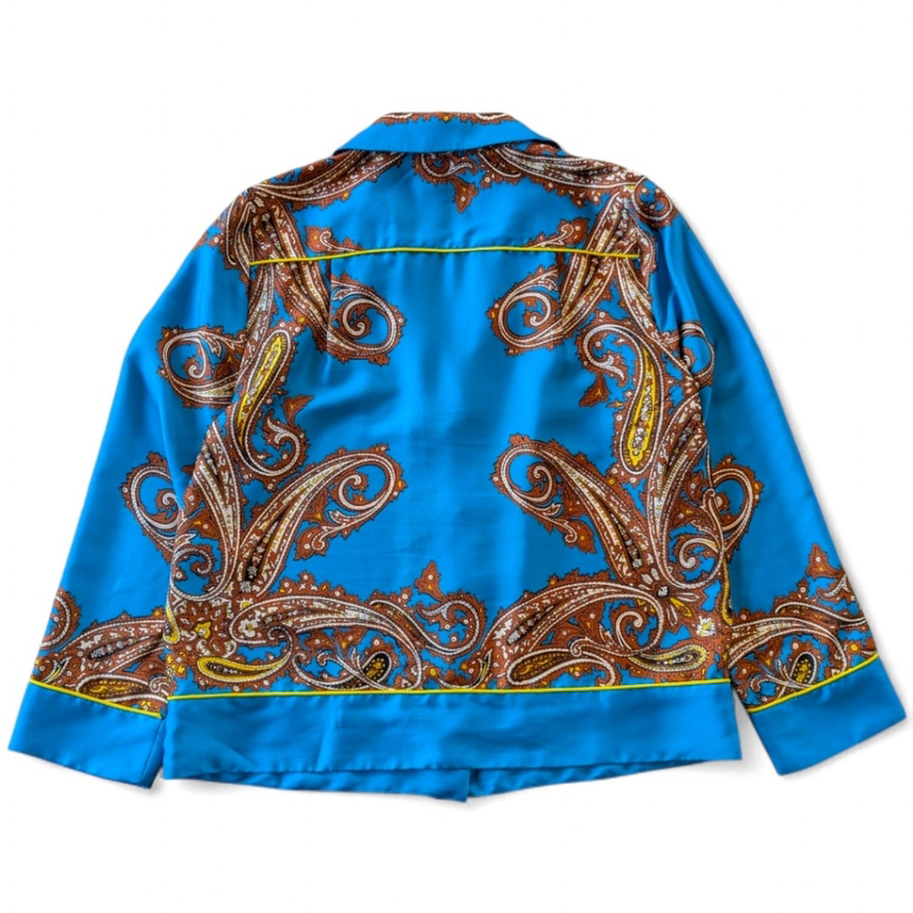 J. CREW 60s Retro Top Drapey Button-up Silky Scarf Blouse Paisley Window Blue M - Picture 6 of 11